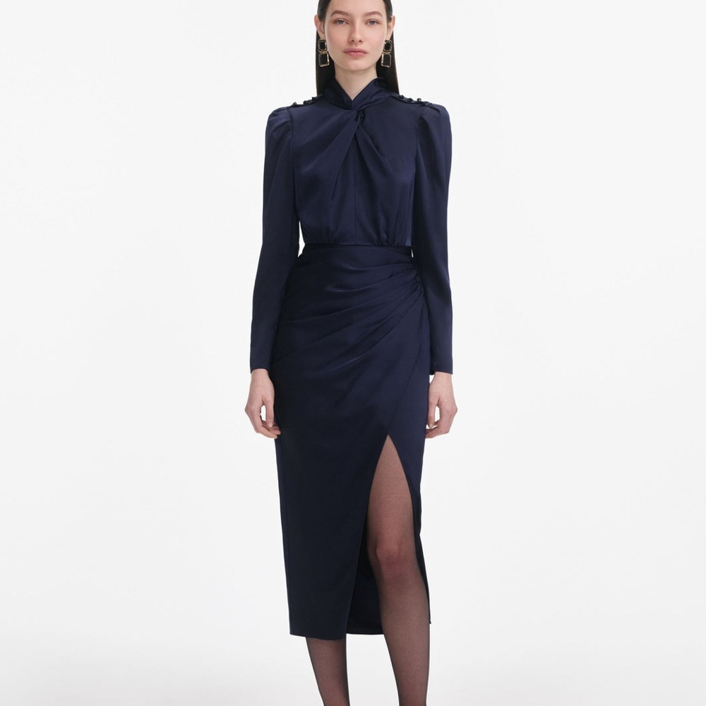 NWOT Self-Portrait Navy Satin Twist-Neck Long-Sleeve Midi Dress